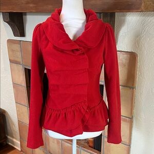 RYU Red Textured Polyester Pleated Ruffle Snap Up Jacket, size S